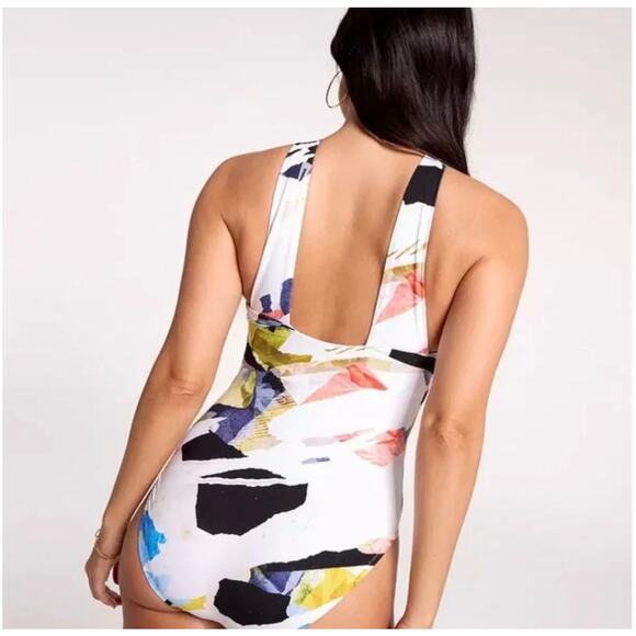 Calia NWT cutout halter one piece swim collage pure white abstract size 12 - Picture 2 of 14